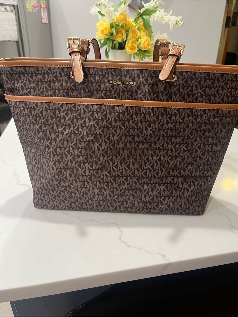 Michael Kors Brown and Tan Winston Large Signature MK Tote